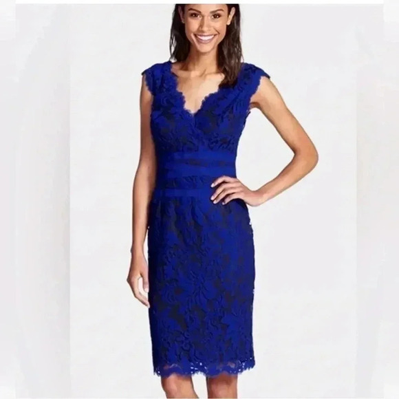 TADASHI SHOJI Dress Embroidered Sheath V Neck Lace Scallop Royal Blue Size 12 - Picture 3 of 16